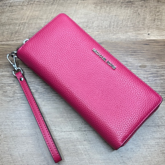 Michael Kors Handbags - Michael Kors Jet Set Raspberry Pebbled Leather Zip-Around Wristlet Wallet
